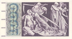 The obverse of the Swiss 1000-franc note, showing the Grim Reaper coming to collect the rent.